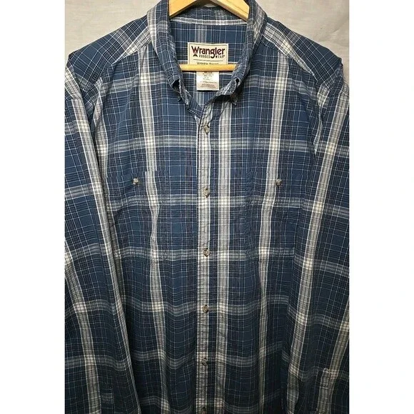 Wrangler Rugged Wear Wrinkle Resist Long Sleeve Button Shirt, Sz 2XT, Plaid Blue - Picture 2 of 8